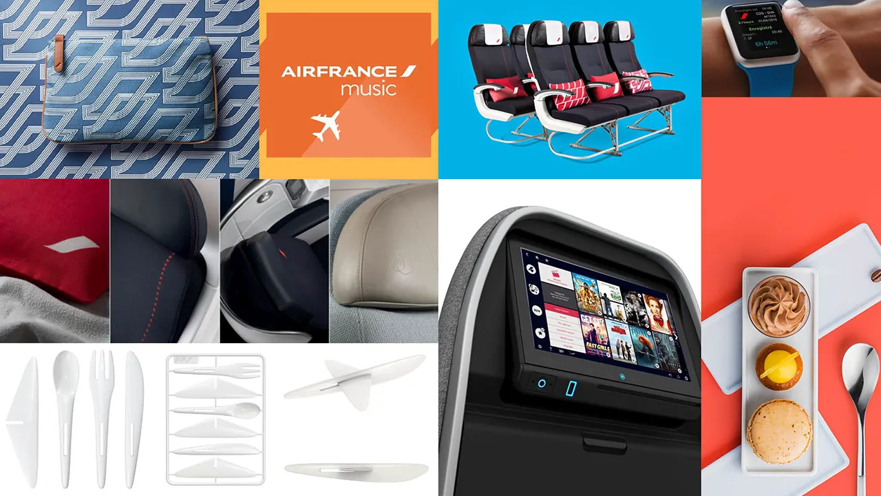 A moodboard of Air France inflight experience elements: amenity kit, branded entertainment, economy seating, a smartwatch boarding app, cabin materials, tableware and dining