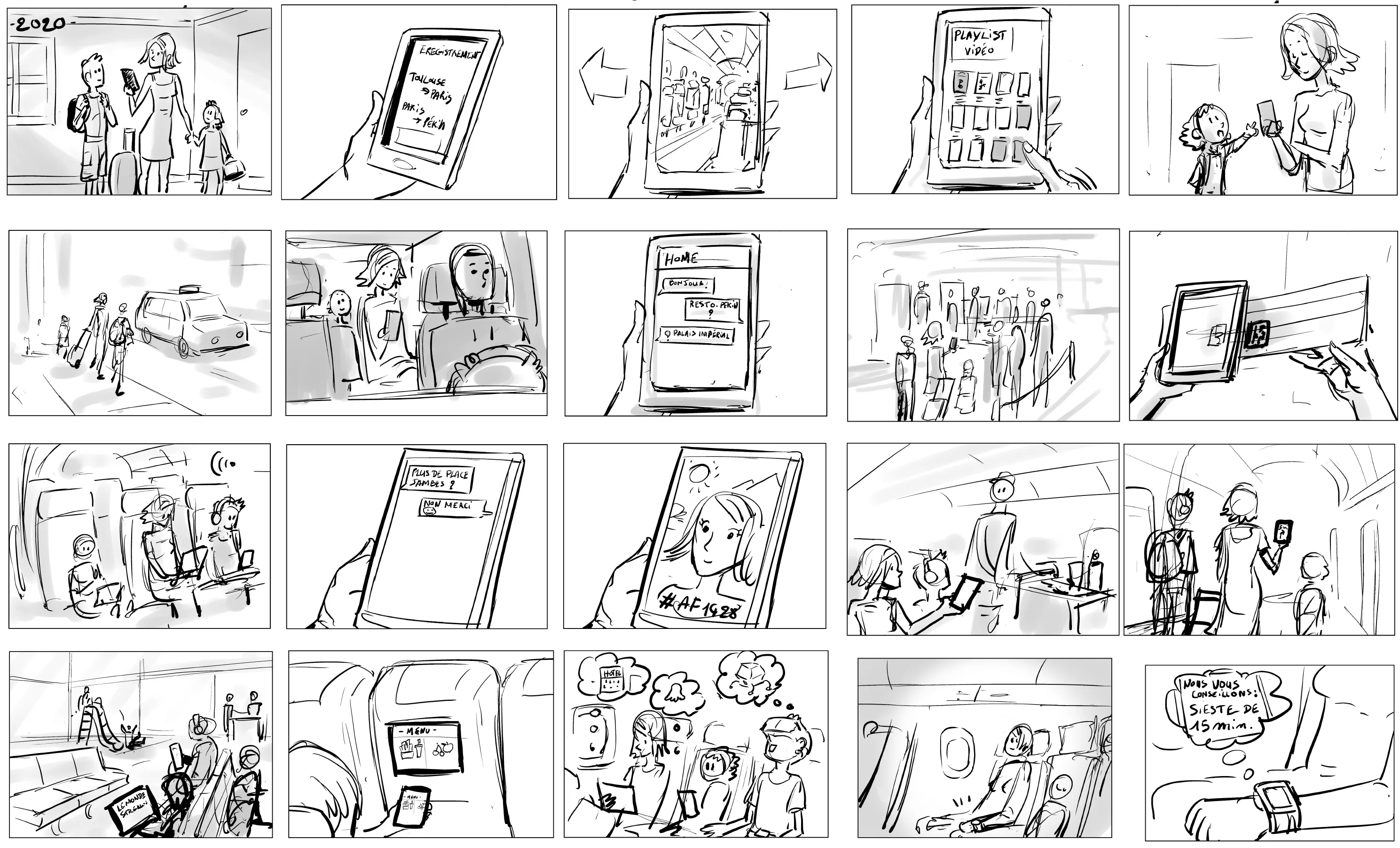 A hand-drawn storyboard of a near-future Air France passenger journey, from booking and an autonomous taxi to boarding, inflight entertainment and a smartwatch wellbeing prompt