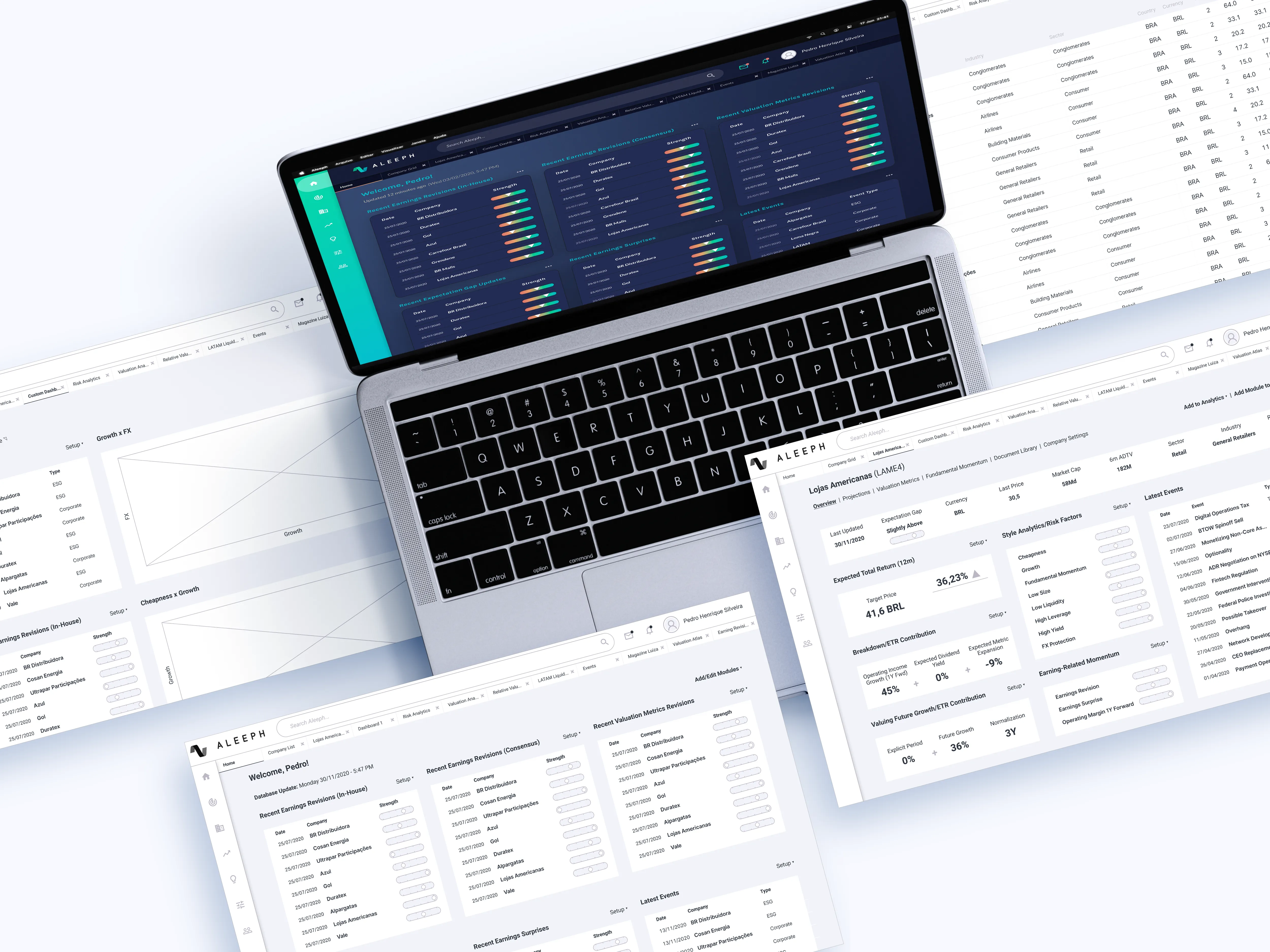 The Aleeph dashboard on a laptop ringed by wireframes, showing the design from structure to finished UI
