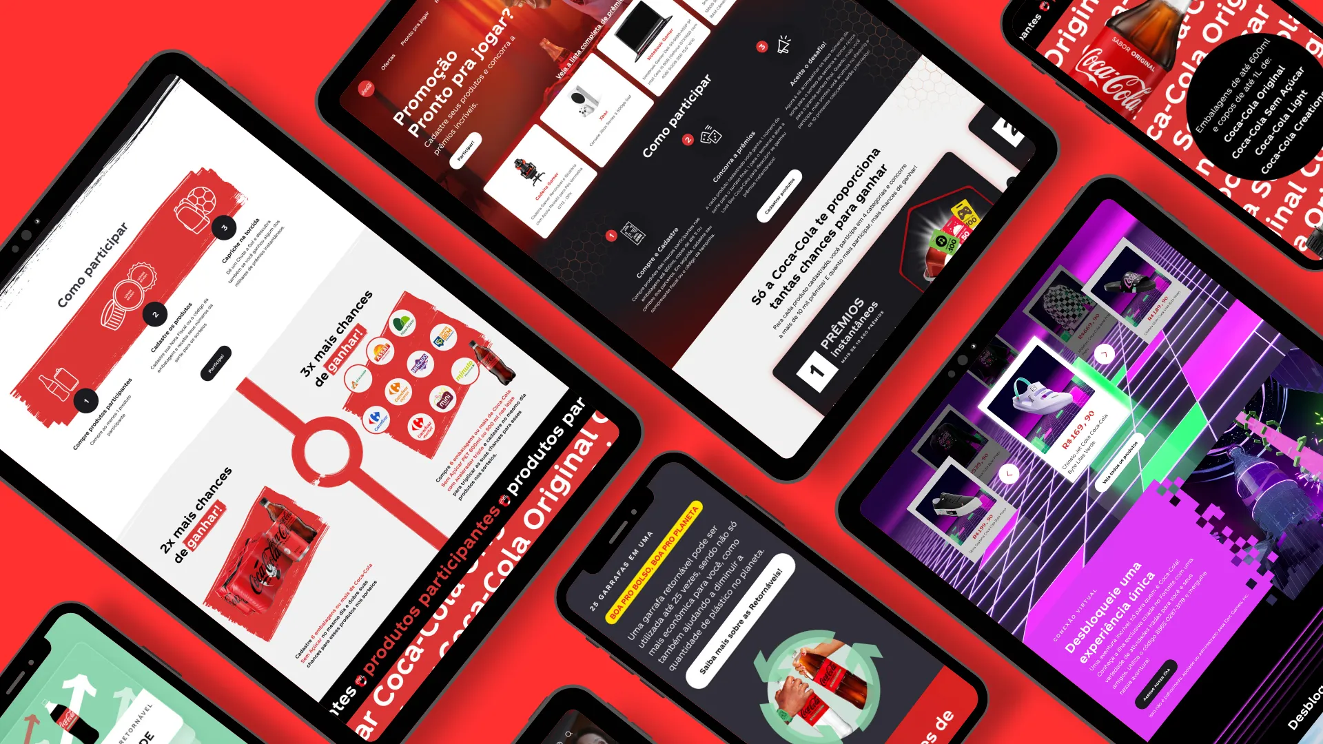 Campaign screens across tablet, phone and desktop, reframing the prize draw as a loot-box opening