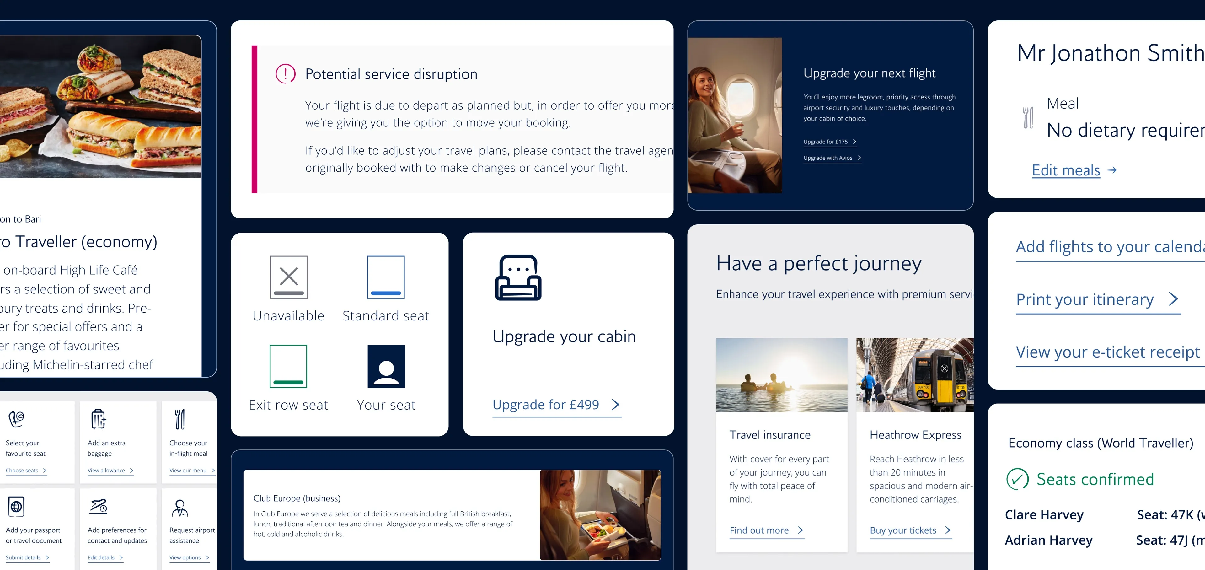 A collage of the new Manage My Booking tiles and cards: disruption alerts, upgrades, seat choice and more