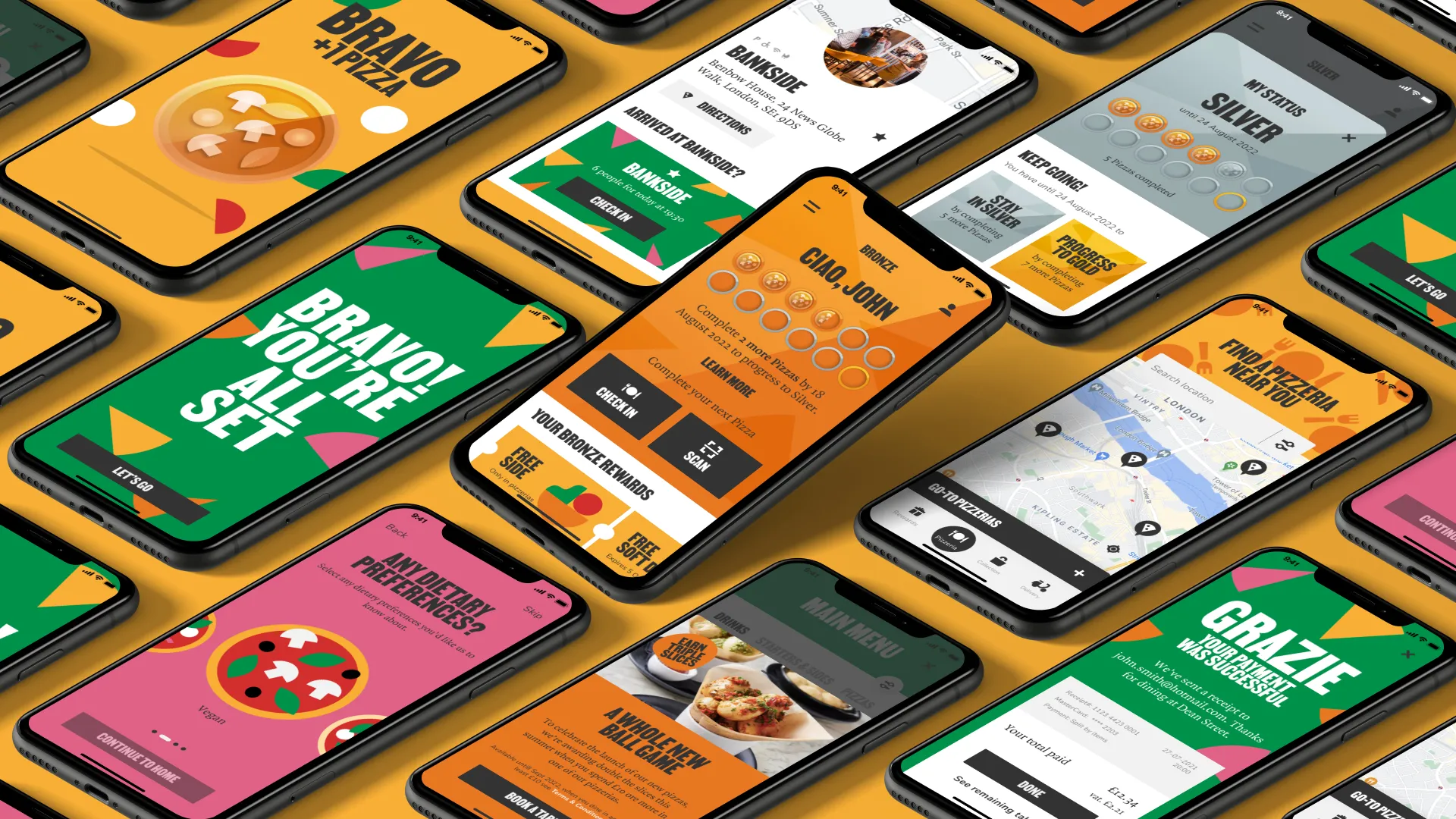 An isometric grid of PizzaExpress Club app screens in brand colours, the loyalty experience laid out