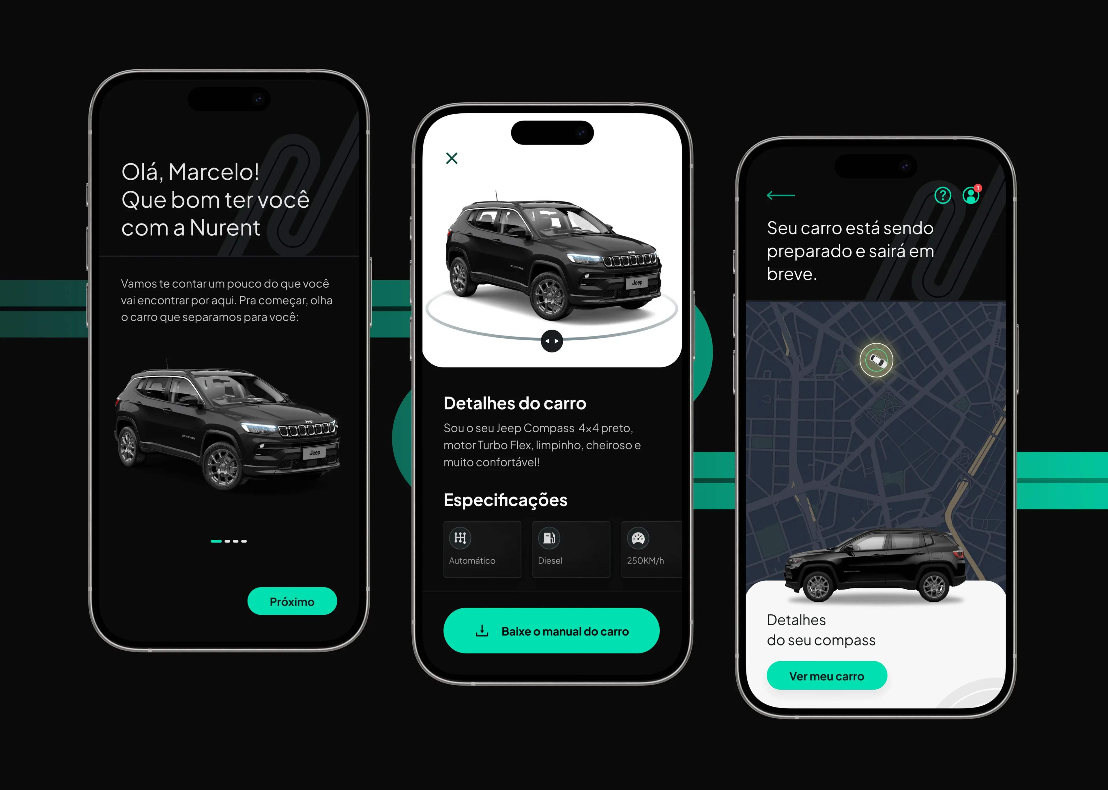 Three Nurent app screens: welcome, the delivered car's details and live tracking as it is prepared