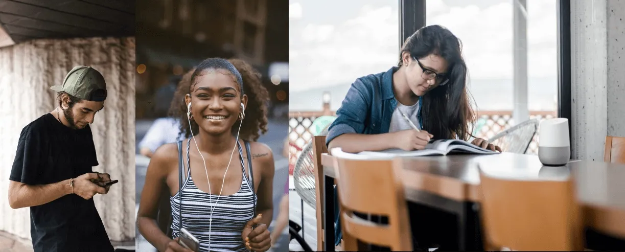 Three students with earphones and a smart speaker, the screenless, on-the-go moments the voice action targets