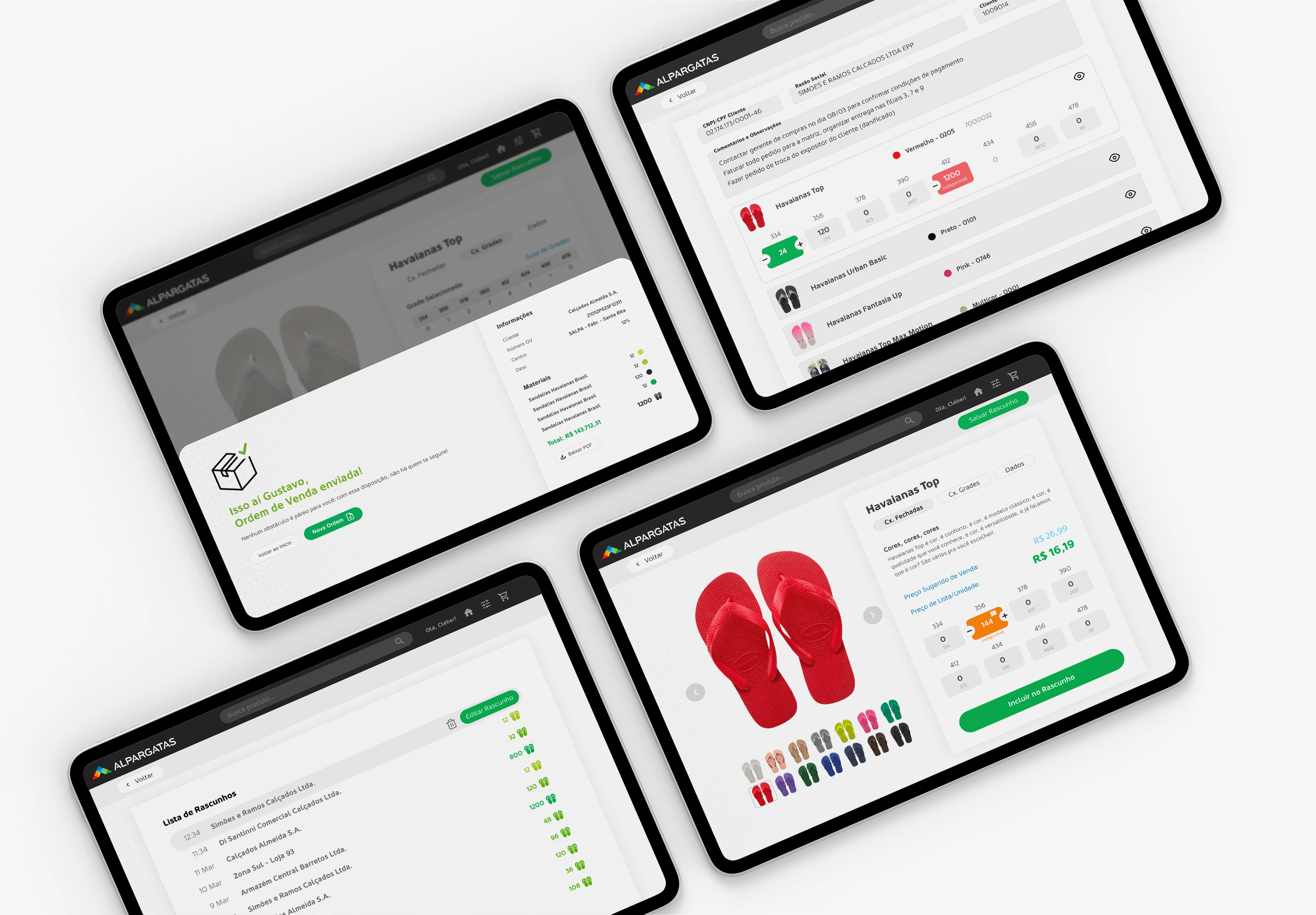 Four tablet screens of the proposed platform: product browsing, live stock, order building and a dashboard