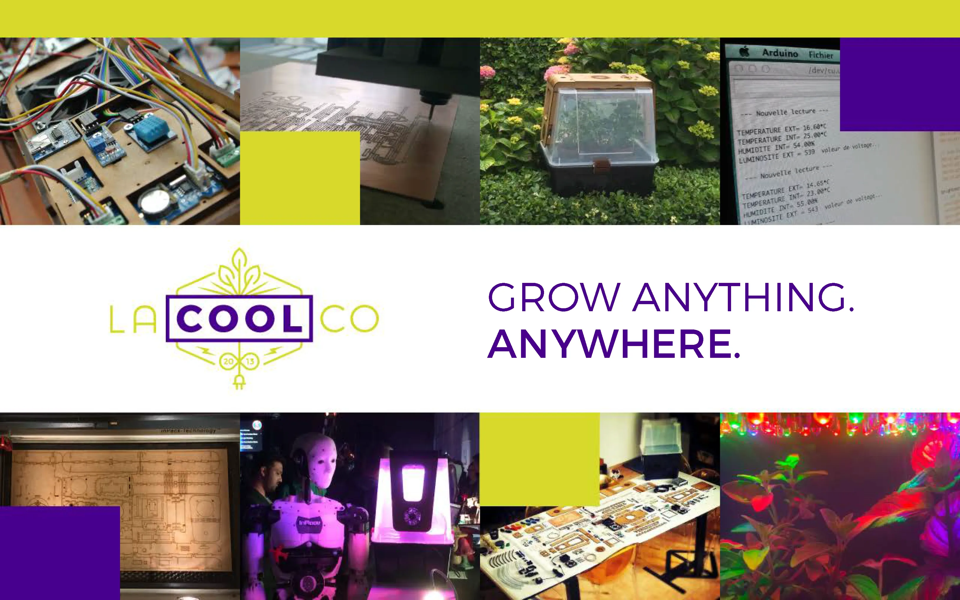 La Cool Co brand board: build, electronics and exhibition shots around the slogan grow anything, anywhere