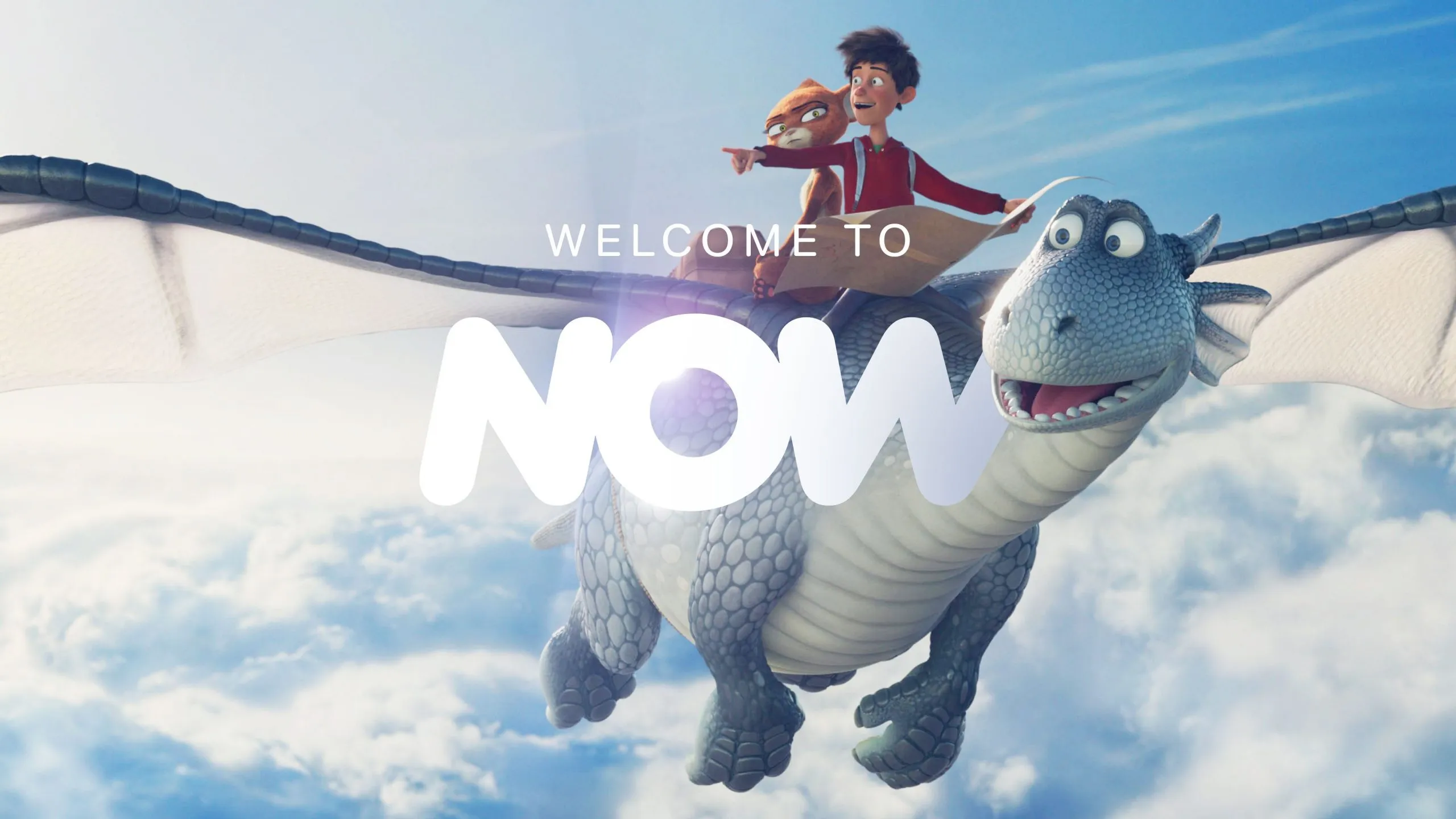 A Welcome to NOW screen over an animated film, the first impression early-life customers form in week one