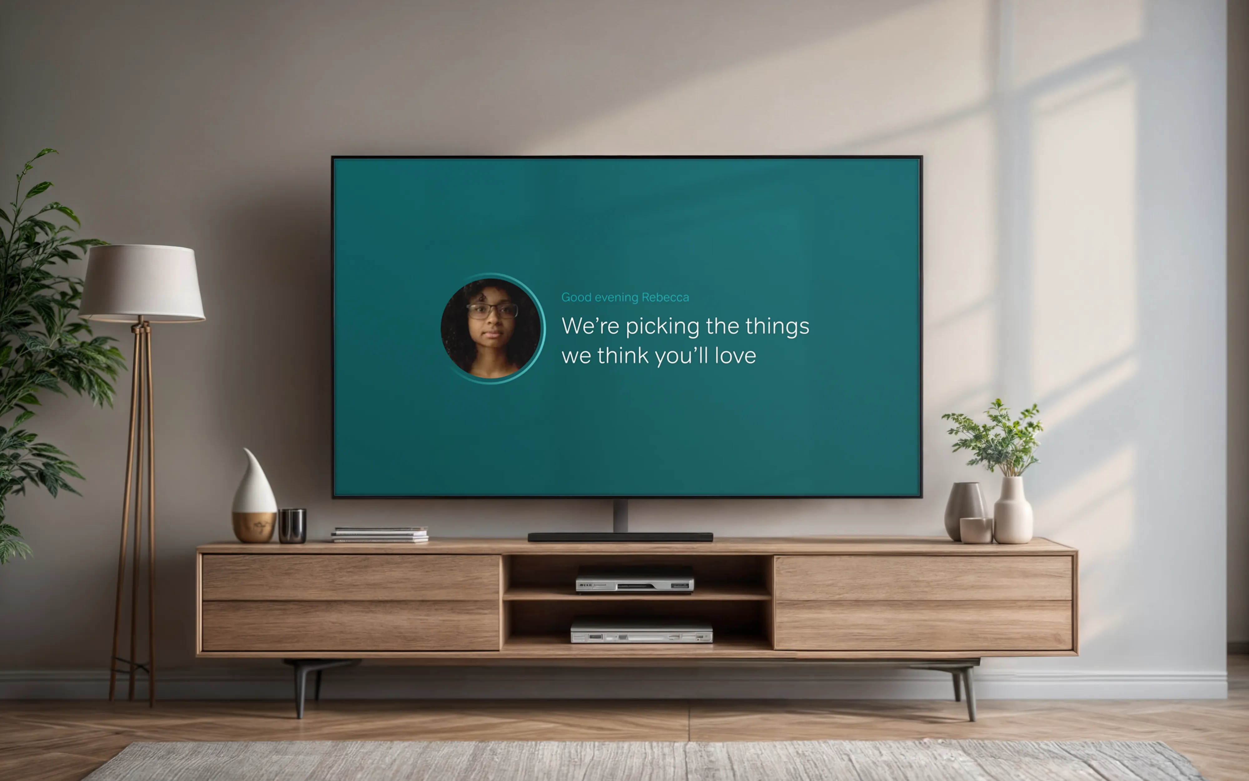 A living-room TV showing a NOW personalisation prompt, the content-led recommendation idea customers backed