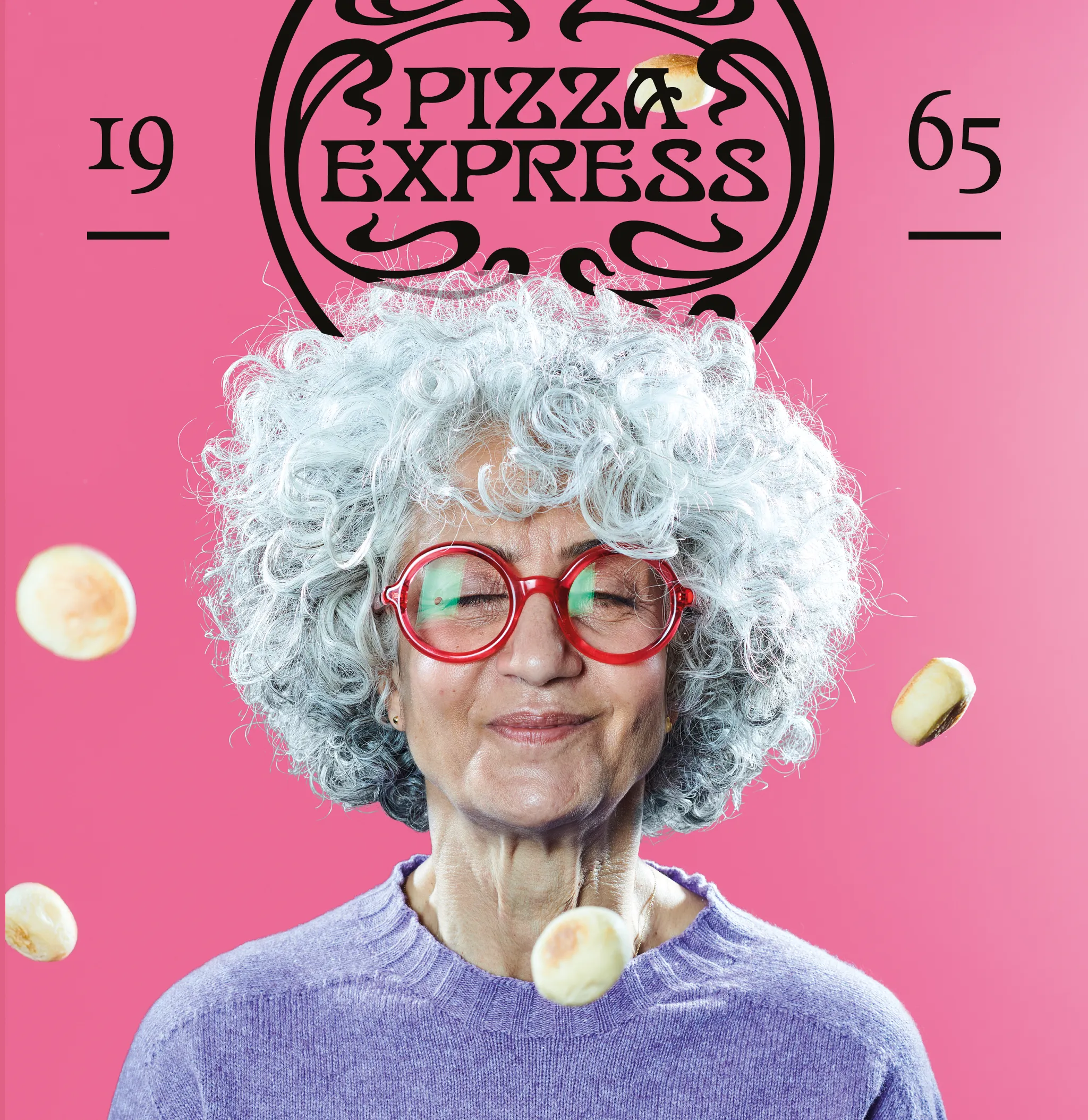 A playful PizzaExpress brand image with dough balls and the 1965 crest, the identity the loyalty app sat under