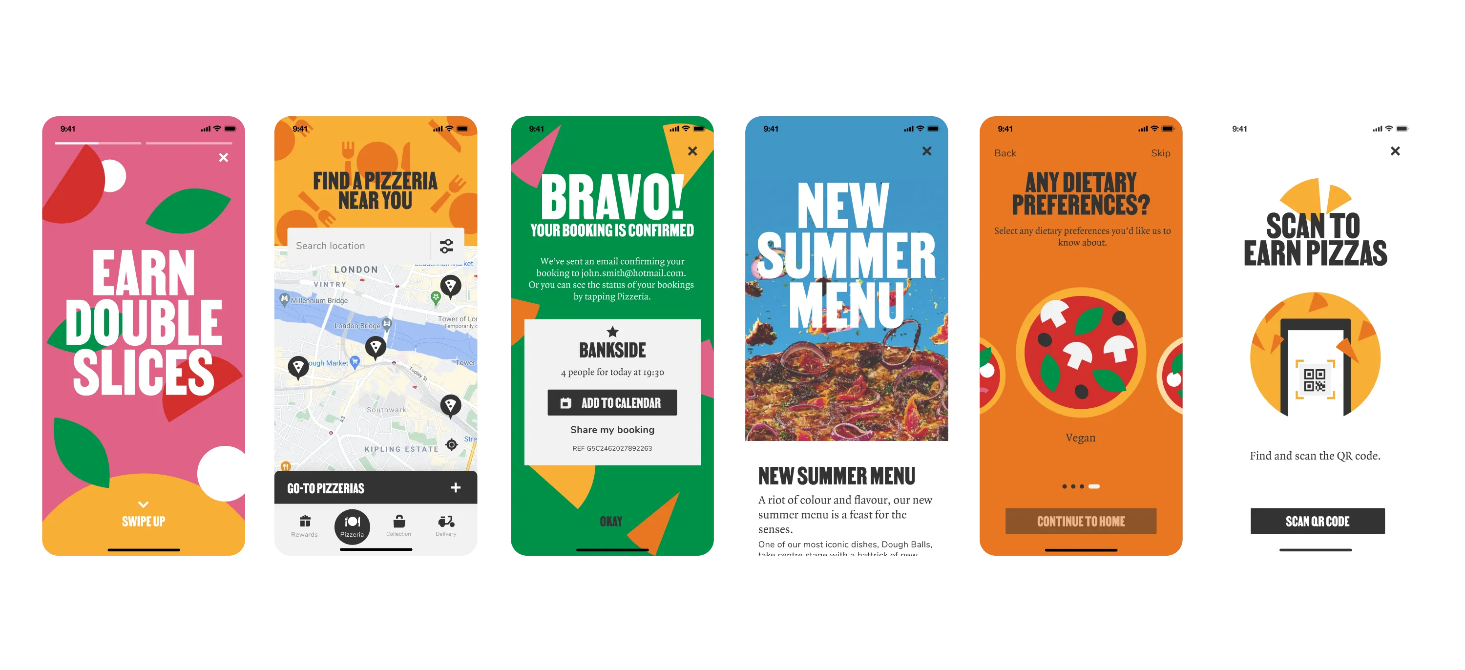 Six screens spanning a visit, from finding a pizzeria and booking to scanning a pack to earn slices